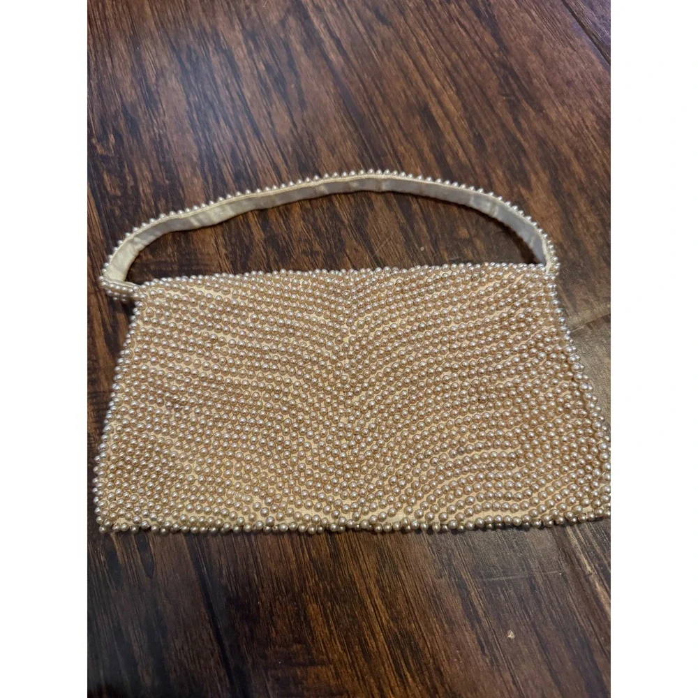 Vintage Japan Beaded Faux Pearl Clutch Evening Bag Ivory Wavy Bugle Beads Ivory